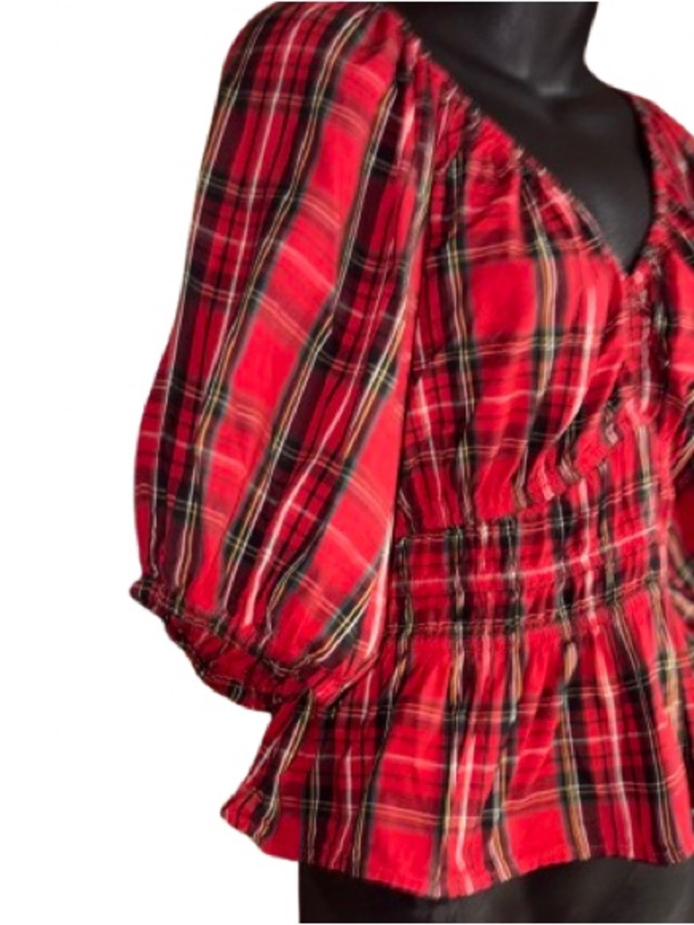 Old Navy red tartan Puff-Sleeve Peplum top smocked waist and v-neck large - Picture 2 of 10